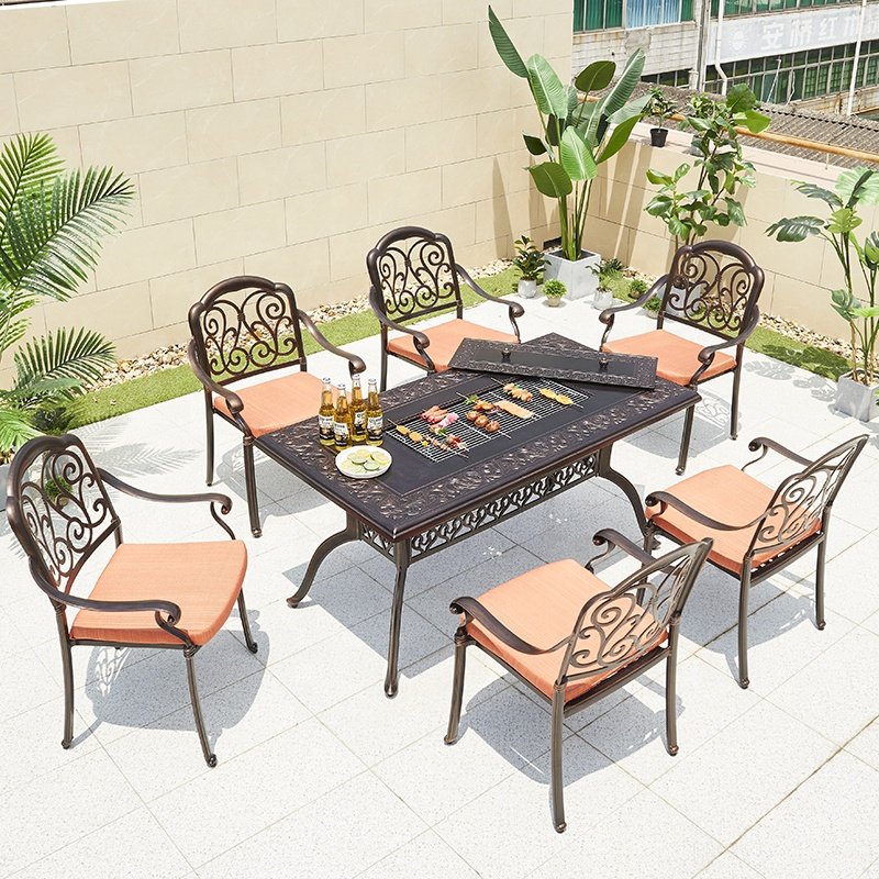 Modern Party Swimming Pool Rectangular Dining Set Aluminum 6 Seater Waterproof Cushions Chairs Patio Cast BBQ Table Outdoor