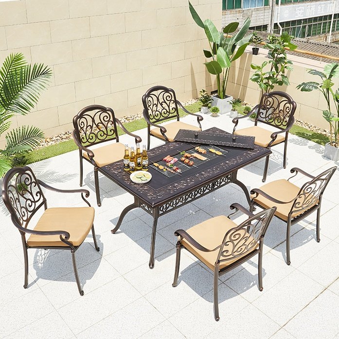 Modern Party Swimming Pool Rectangular Dining Set Aluminum 6 Seater Waterproof Cushions Chairs Patio Cast BBQ Table Outdoor
