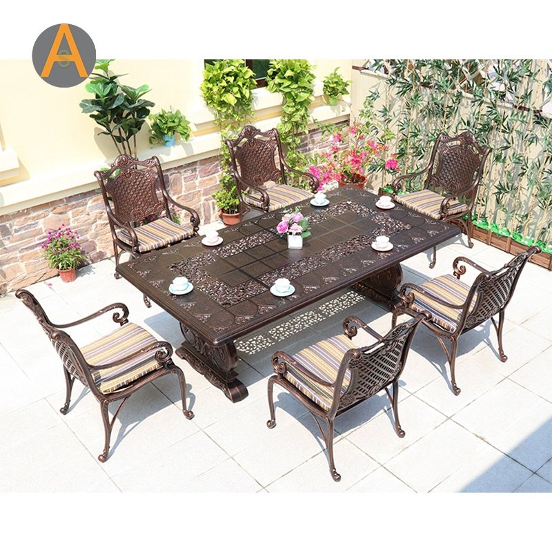 Outdoor Cast Aluminum Patio Furniture 7 PCS Metal Garden Dining table chairs Set