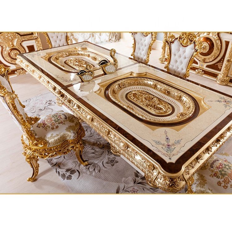 European royal dining table set 6 seater luxury dining table solid wooden table and chair French dining room furniture