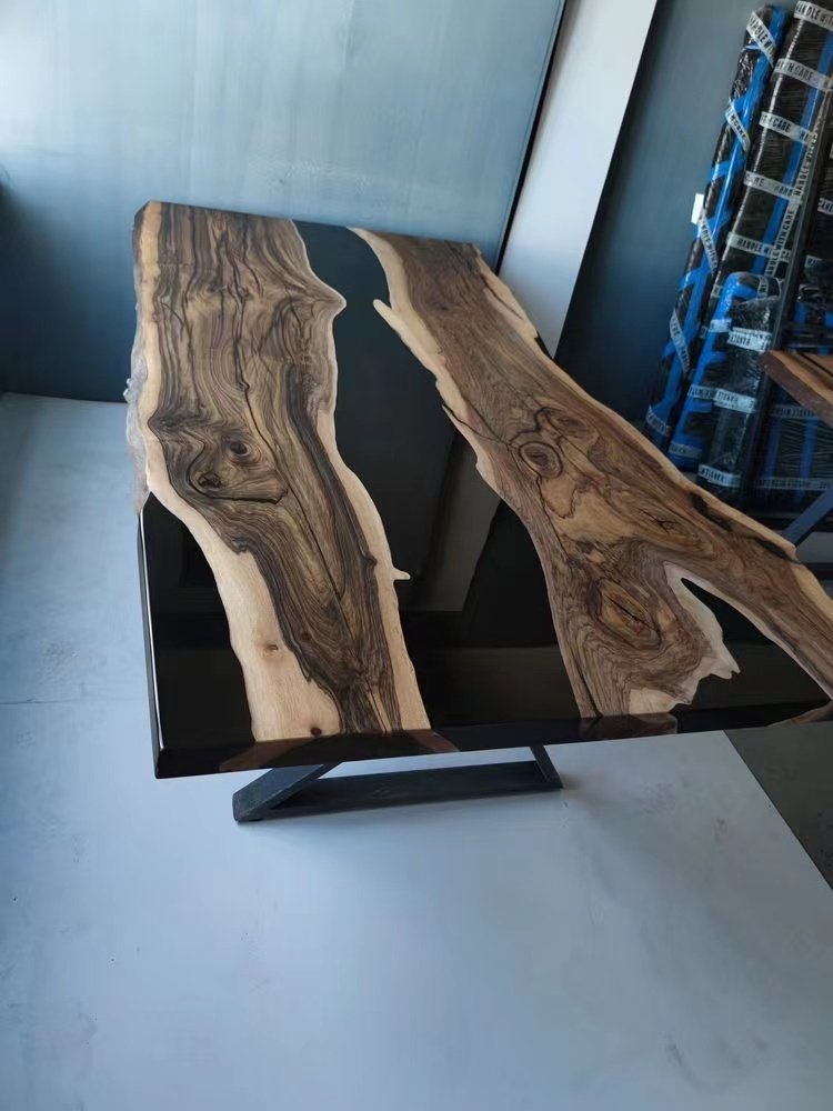 Modern Furniture Factory Direct Cafe Coffee Solid Walnut Wood Kitchen Restaurant River Epoxy Resin Slab Dining Table