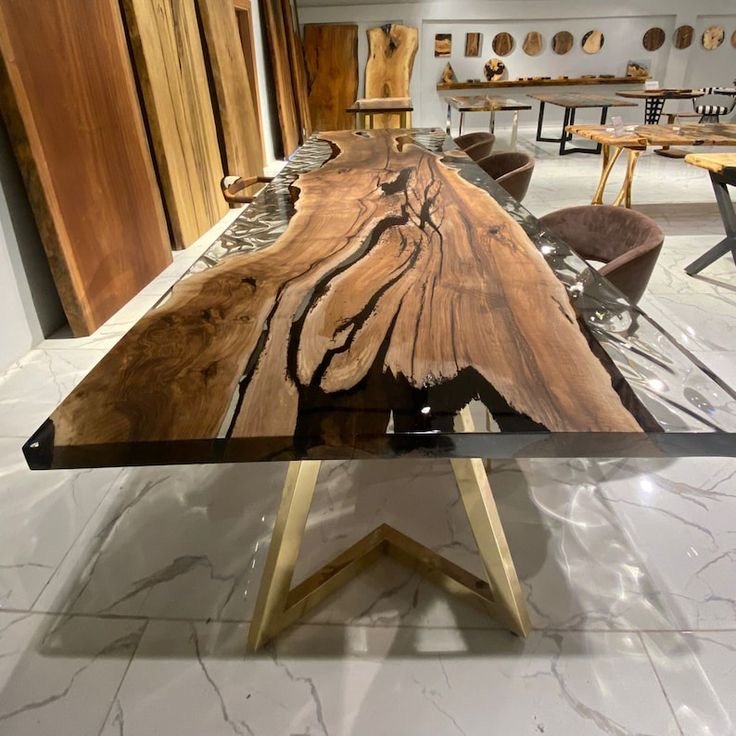 Modern Furniture Factory Direct Cafe Coffee Solid Walnut Wood Kitchen Restaurant River Epoxy Resin Slab Dining Table