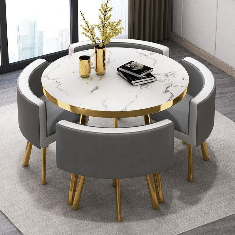 Restaurant gold metal luxury furniture marble dining table set dining table with 4 chairs for sale