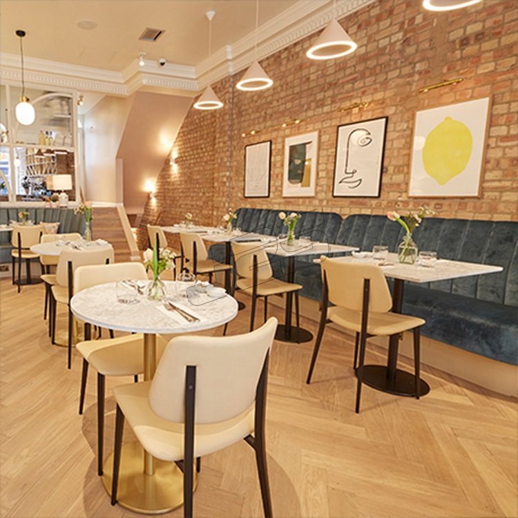 Custom nordic morden wooden white leather dining table and chair set diner booth seating design restaurant furniture