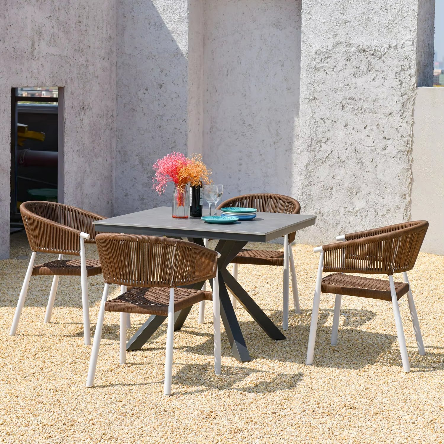 waterproof sintered stone aluminum round square 4 people outdoor dining table set rattan rope chair patio garden furniture
