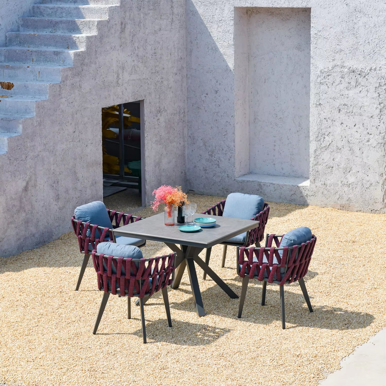 waterproof sintered stone aluminum round square 4 people outdoor dining table set rattan rope chair patio garden furniture