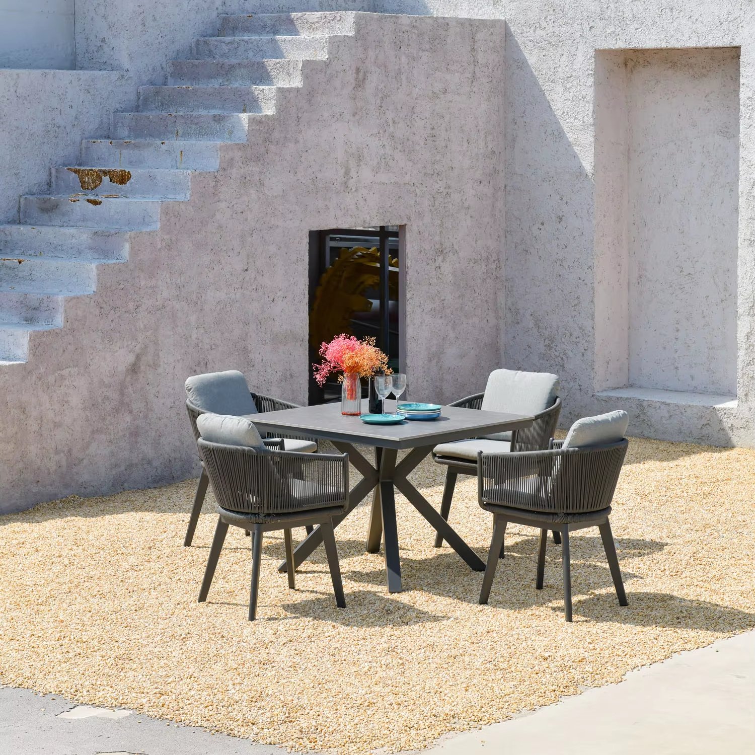 waterproof sintered stone aluminum round square 4 people outdoor dining table set rattan rope chair patio garden furniture