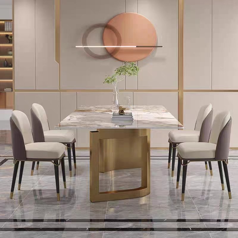 NOVA Light Luxury Marble Slate Dining Table With Gold Base Modern Hotel Furniture Restaurant Rectangular 6 Seat Dining Tables