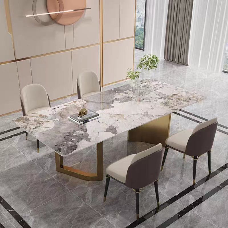 NOVA Light Luxury Marble Slate Dining Table With Gold Base Modern Hotel Furniture Restaurant Rectangular 6 Seat Dining Tables