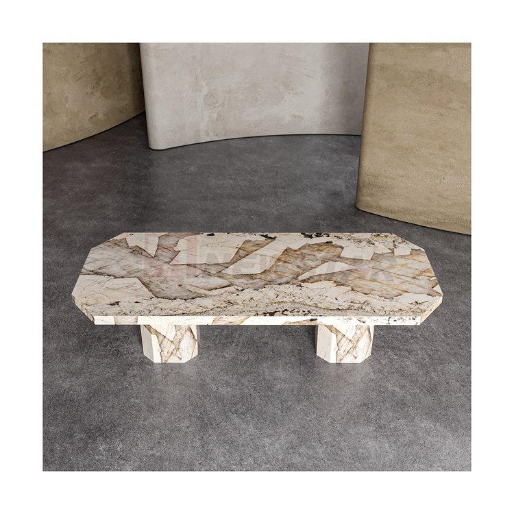 Newstar Modern Polished Four Seasons Travertine Marble Dinning Table Set Dinner Desk for Dining Room Furniture