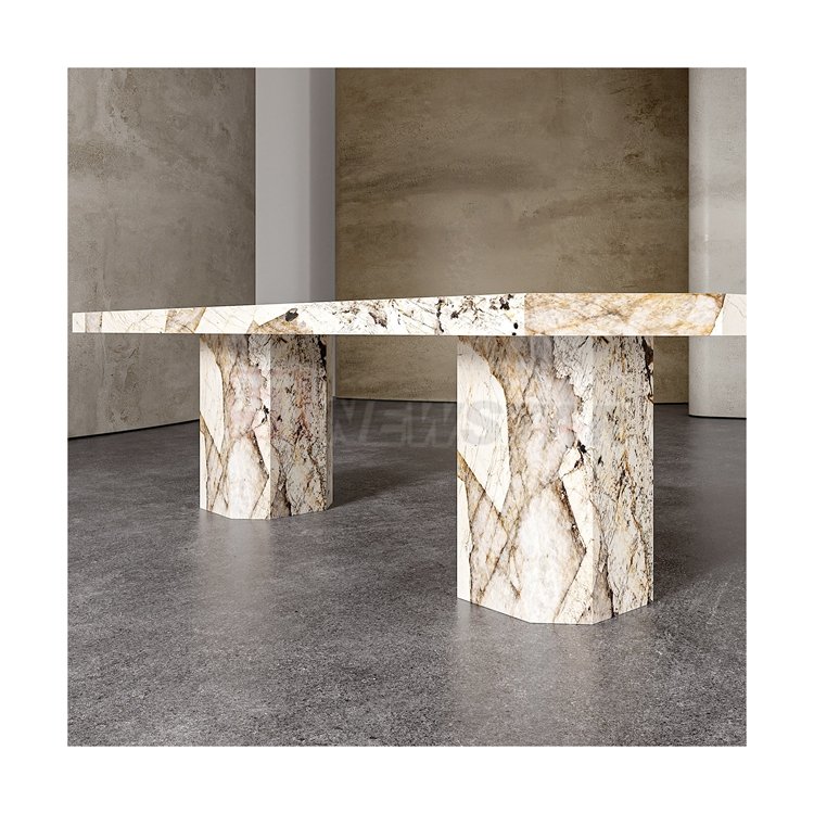 Newstar Modern Polished Four Seasons Travertine Marble Dinning Table Set Dinner Desk for Dining Room Furniture