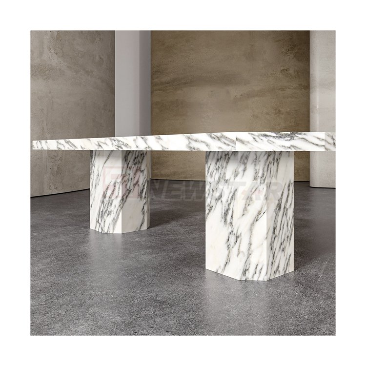 Newstar Modern Polished Four Seasons Travertine Marble Dinning Table Set Dinner Desk for Dining Room Furniture