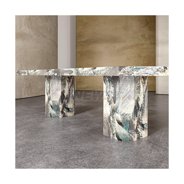 Newstar Modern Polished Four Seasons Travertine Marble Dinning Table Set Dinner Desk for Dining Room Furniture