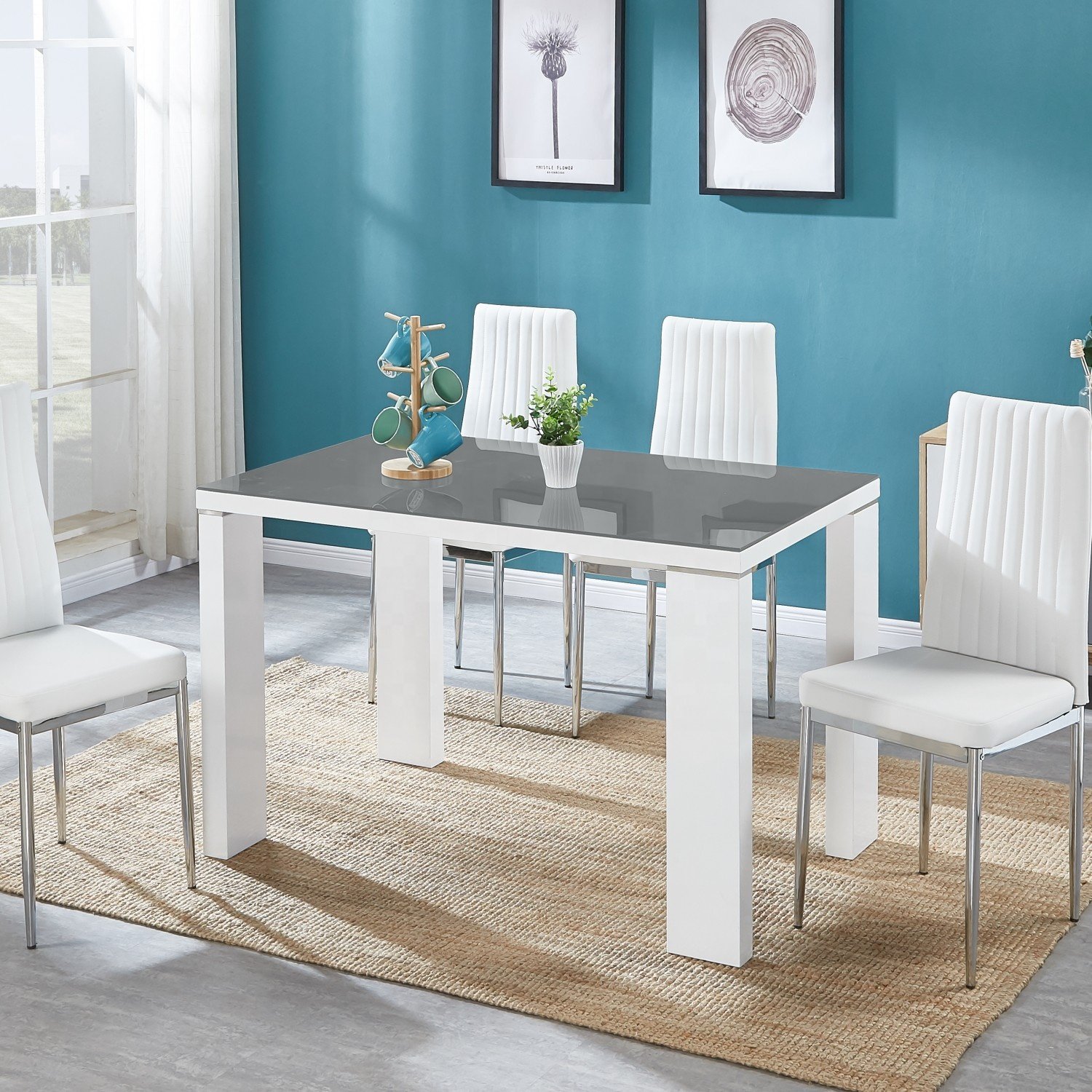 Modern Total White MDF Dining Table Set with 4/6/8 Seats Dining Chairs