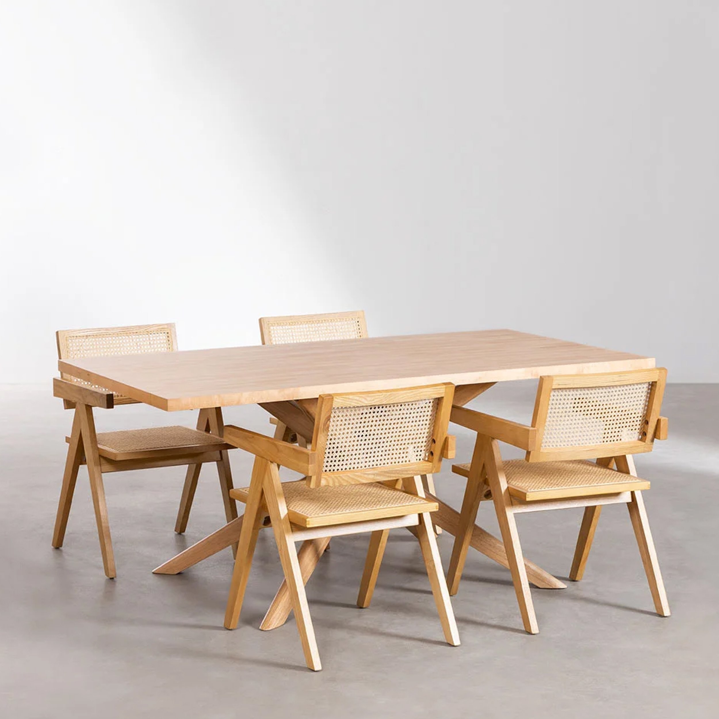 Teak Wood With Rattan Dining Table Set With 4 Chairs Solid - Nona