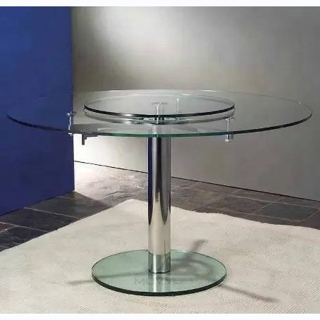 Hot Sale Tempered Glass 12MM Moving Expanding Round Dining Table With Steel Chromed Frame Base