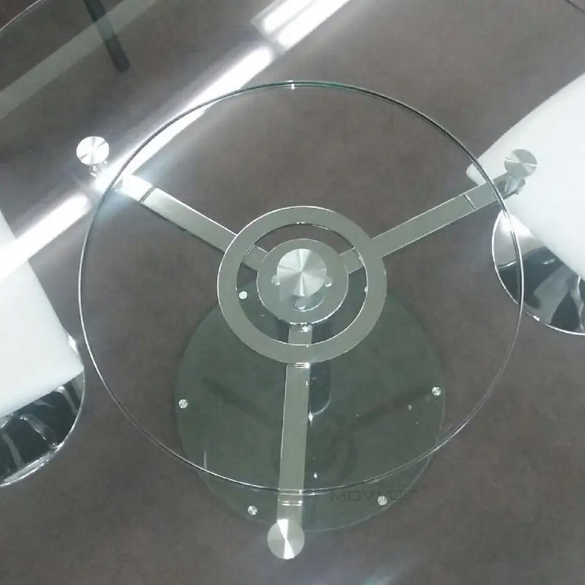 Hot Sale Tempered Glass 12MM Moving Expanding Round Dining Table With Steel Chromed Frame Base