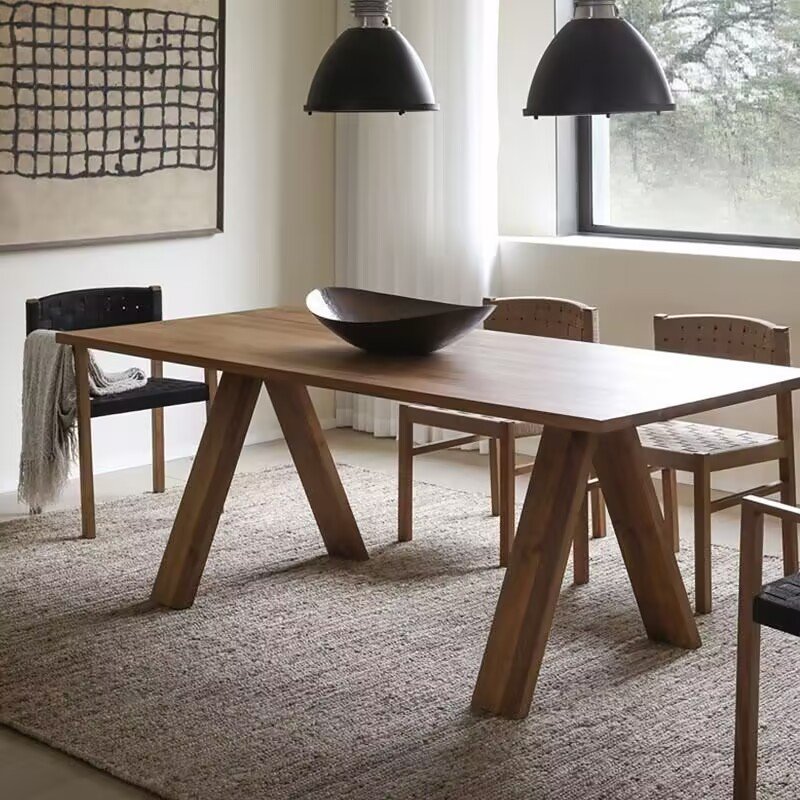 Mid-century modern pure solid wood dining table with chairs, studio long table, wabi-sabi style log dining table and workbench
