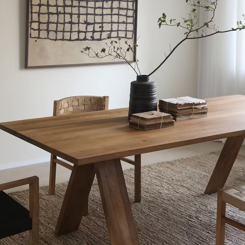 Mid-century modern pure solid wood dining table with chairs, studio long table, wabi-sabi style log dining table and workbench