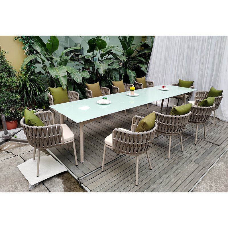 garden out door furniture minimalist design all weather wicker handwoven solid wooden teak outdoor dining set