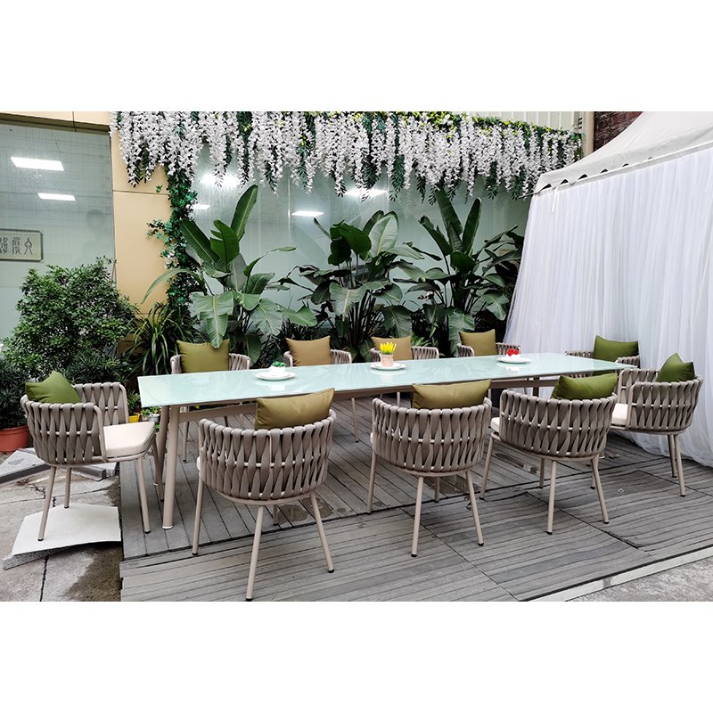 garden out door furniture minimalist design all weather wicker handwoven solid wooden teak outdoor dining set