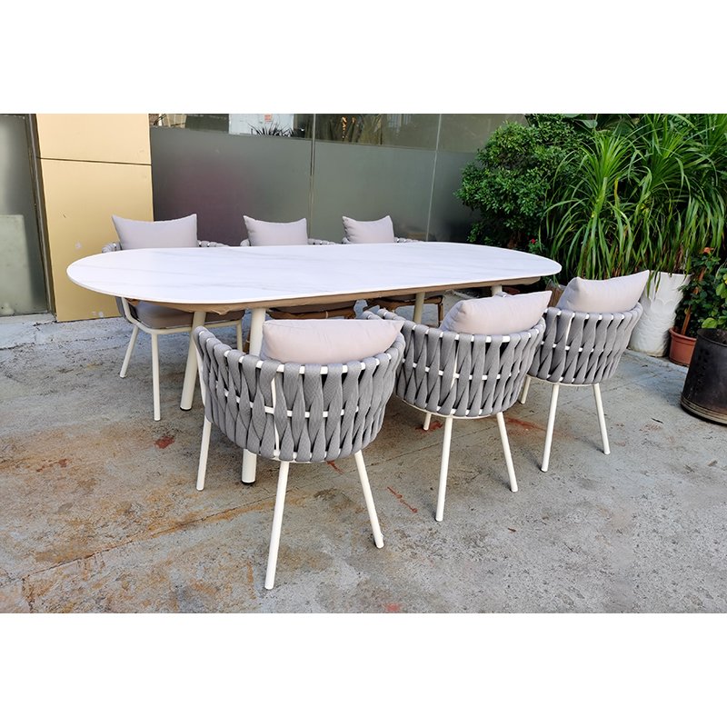 garden out door furniture minimalist design all weather wicker handwoven solid wooden teak outdoor dining set