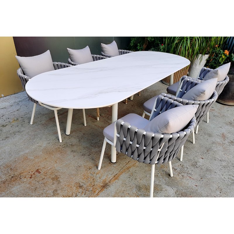 garden out door furniture minimalist design all weather wicker handwoven solid wooden teak outdoor dining set