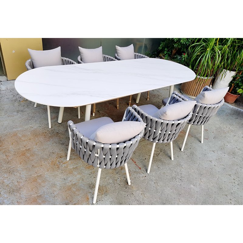 garden out door furniture minimalist design all weather wicker handwoven solid wooden teak outdoor dining set