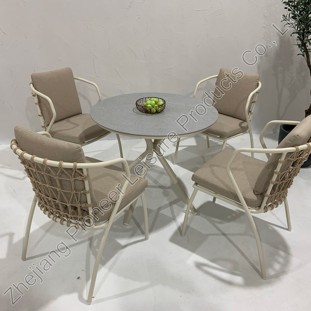 Funky Outdoor Sintered Stone & Rope Weaving Round Bar Dining Table & Stacking Armchair For Bistro