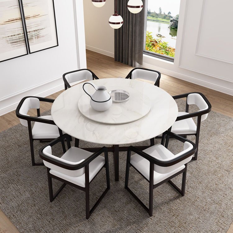 Modern solid wooden frame marble top round dining table with turntable for dining room furniture