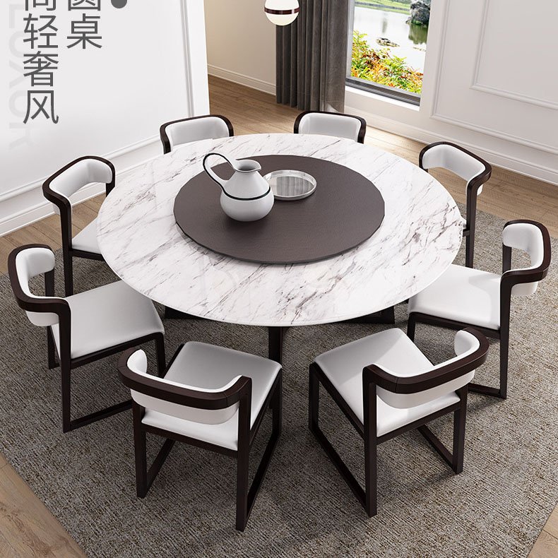 Modern solid wooden frame marble top round dining table with turntable for dining room furniture