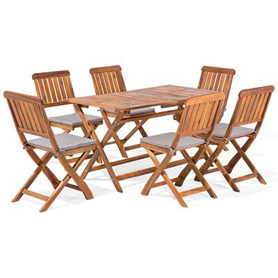 Belle folding dining garden set made of solid teak wood material with sunproof chusion and natural finish for outdoor dining use