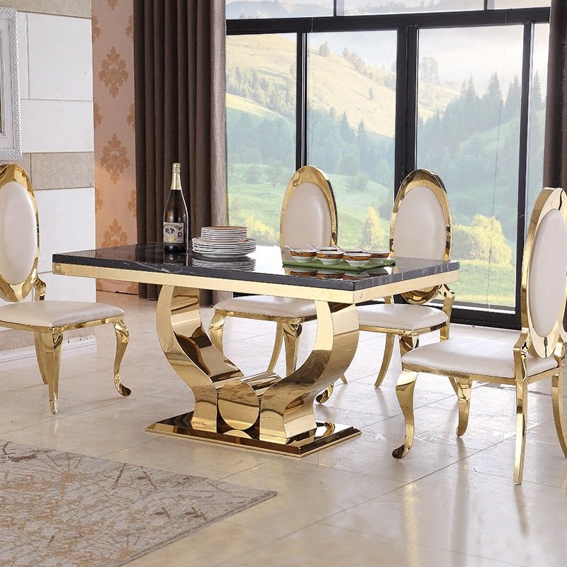 Luxury dining room living room furniture stainless steel frame square Marble top dining table and coffee table set