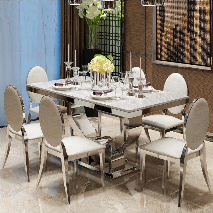 Luxury dining room living room furniture stainless steel frame square Marble top dining table and coffee table set