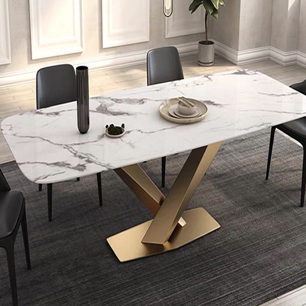 Luxury Faux Marble Dining Table Set 8 Chairs Marble Top Stainless Steel Frame Dining Table set