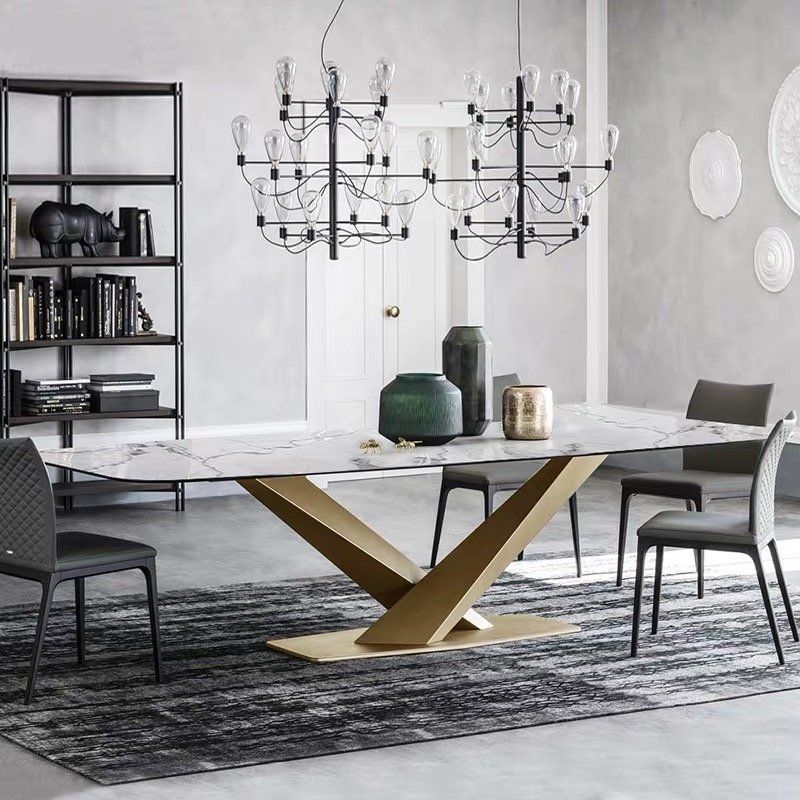 Luxury Faux Marble Dining Table Set 8 Chairs Marble Top Stainless Steel Frame Dining Table set