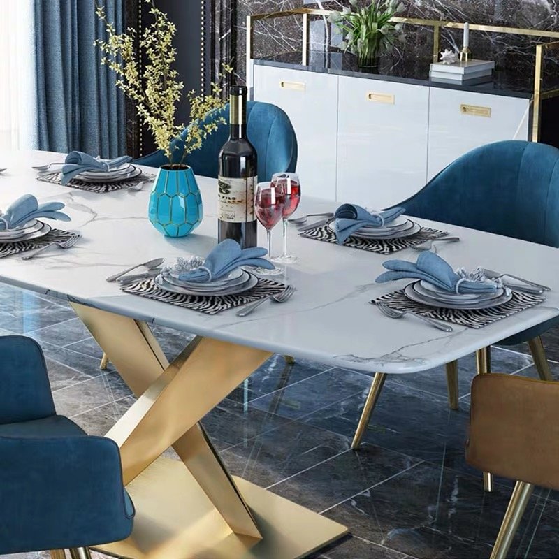 Luxury Faux Marble Dining Table Set 8 Chairs Marble Top Stainless Steel Frame Dining Table set