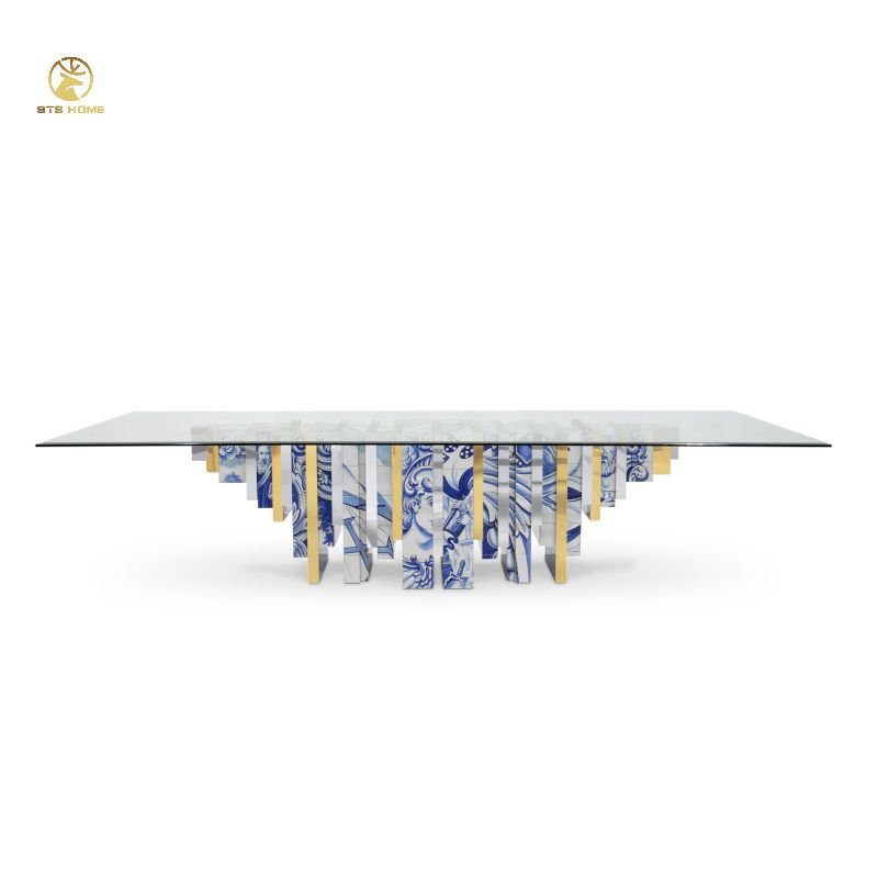 Italian designer luxury art hand-painted Tempered Glass rectangular dining table Boca do lobo Home Modern Furniture