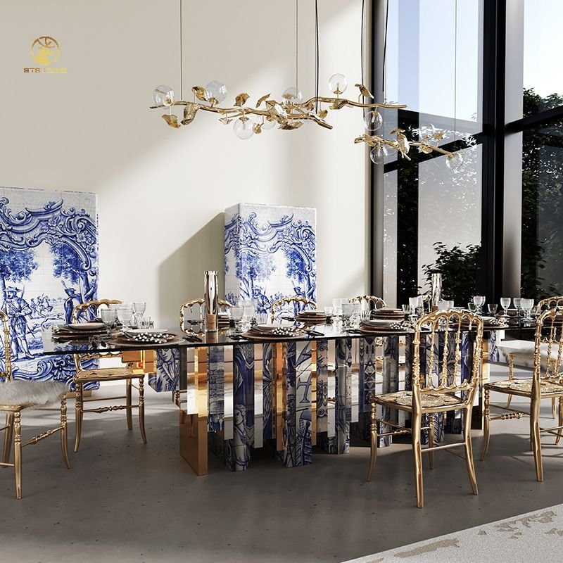 Italian designer luxury art hand-painted Tempered Glass rectangular dining table Boca do lobo Home Modern Furniture