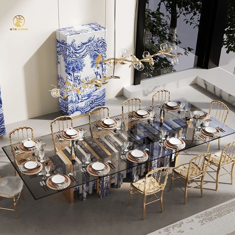 Italian designer luxury art hand-painted Tempered Glass rectangular dining table Boca do lobo Home Modern Furniture
