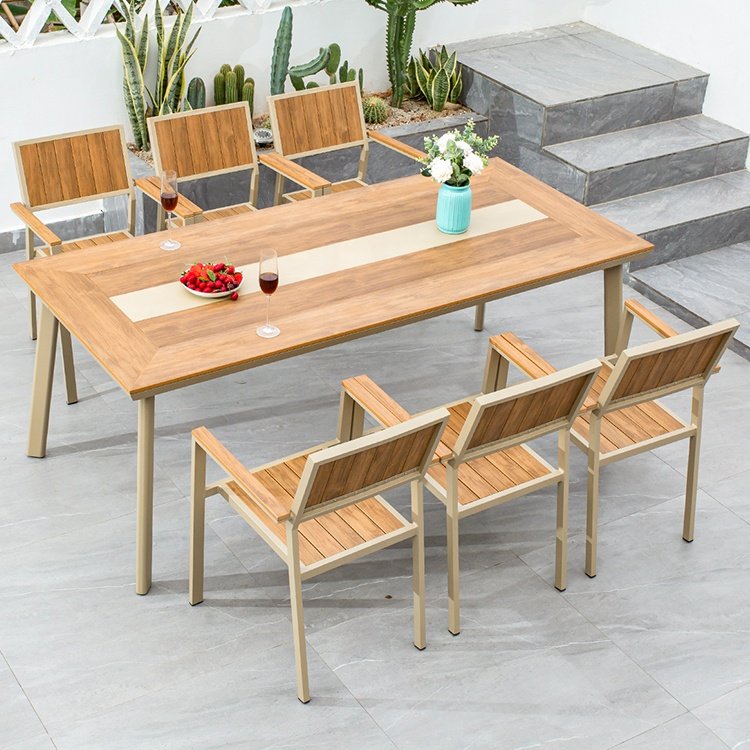 Factory Wholesale low price Garden Leisure dining table Teakwood aluminum frame restaurant Table and Chair Set for Outdoor patio