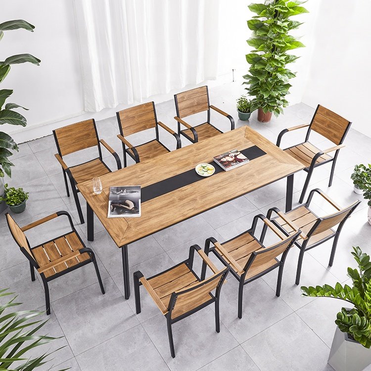 Factory Wholesale low price Garden Leisure dining table Teakwood aluminum frame restaurant Table and Chair Set for Outdoor patio