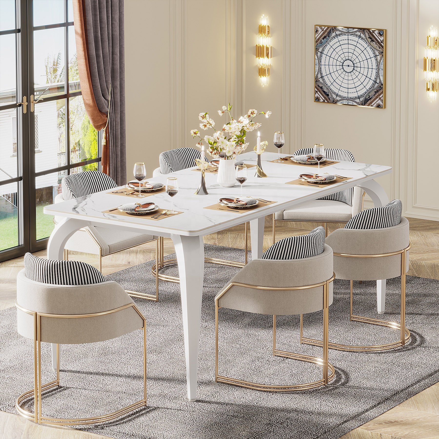 Tribesigns Modern Dining Table Luxury 63" Marble Sintered Stone Kitchen Table with Metal Legs
