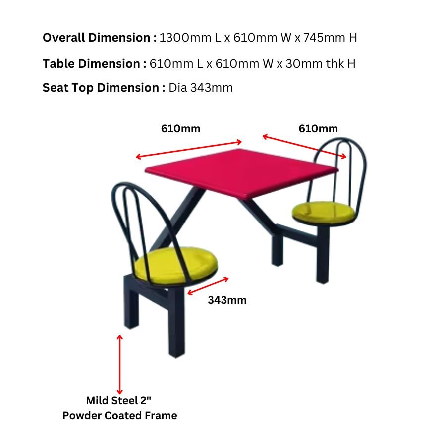 Hot Deals Durable 2-Seater Table Set for Food Court Various Colors Metal Fibreglass with Back Rest for Restaurants