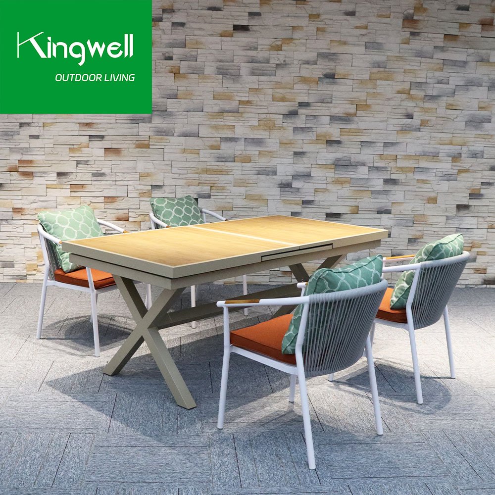 Wholesale outdoor aluminum furniture extendable dining set garden restaurant metal patio dining table and rope 6 chairs set