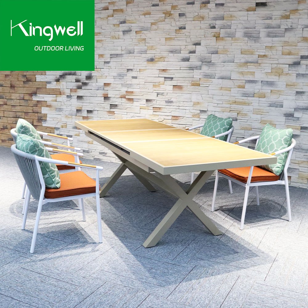 Wholesale outdoor aluminum furniture extendable dining set garden restaurant metal patio dining table and rope 6 chairs set