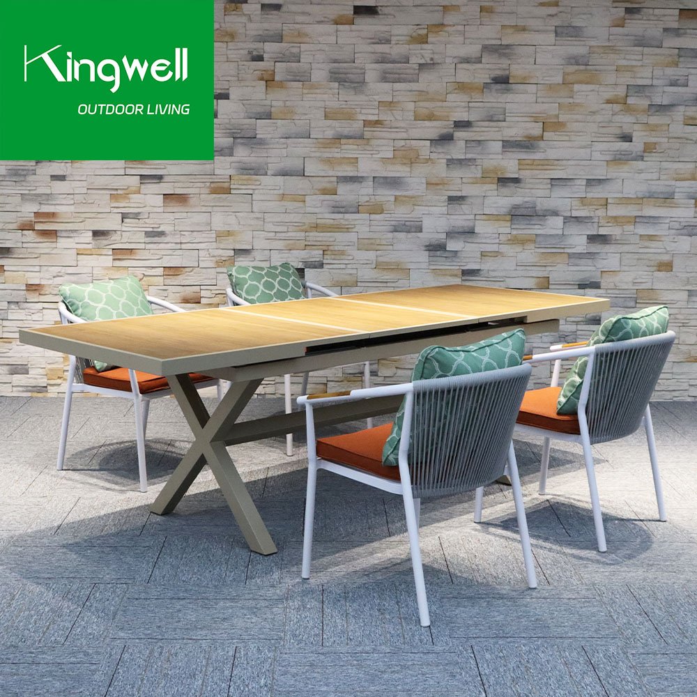Wholesale outdoor aluminum furniture extendable dining set garden restaurant metal patio dining table and rope 6 chairs set