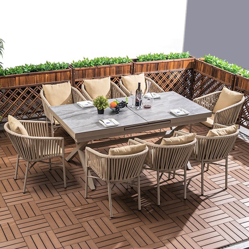 Outdoor Rattan and Chairs Dining Table Set Sintered Stone Extend Large Bistro Beach Dining Table Set Aluminum Modern Furniture