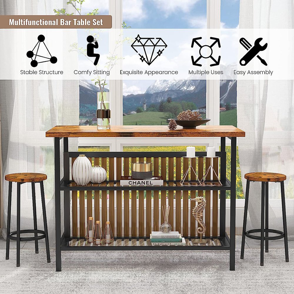 Wooden Counter Height Dinner Table with Storage Kitchen Furniture Dining Table Set Kitchen Island with Seating