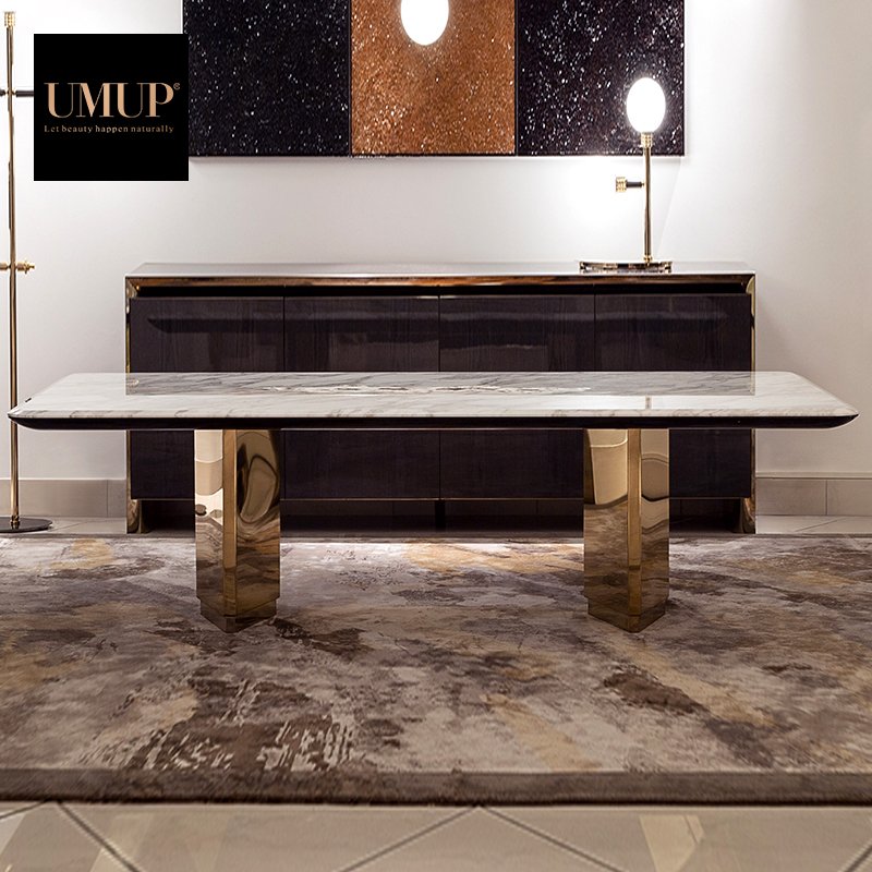Rectangular gold 8 Seater Metal Stone Italian Modern Dinning Tables Luxury Marble Dining Tables